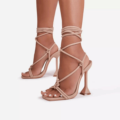 Square Toe Pink  Lace Up Heels - BossBabe401