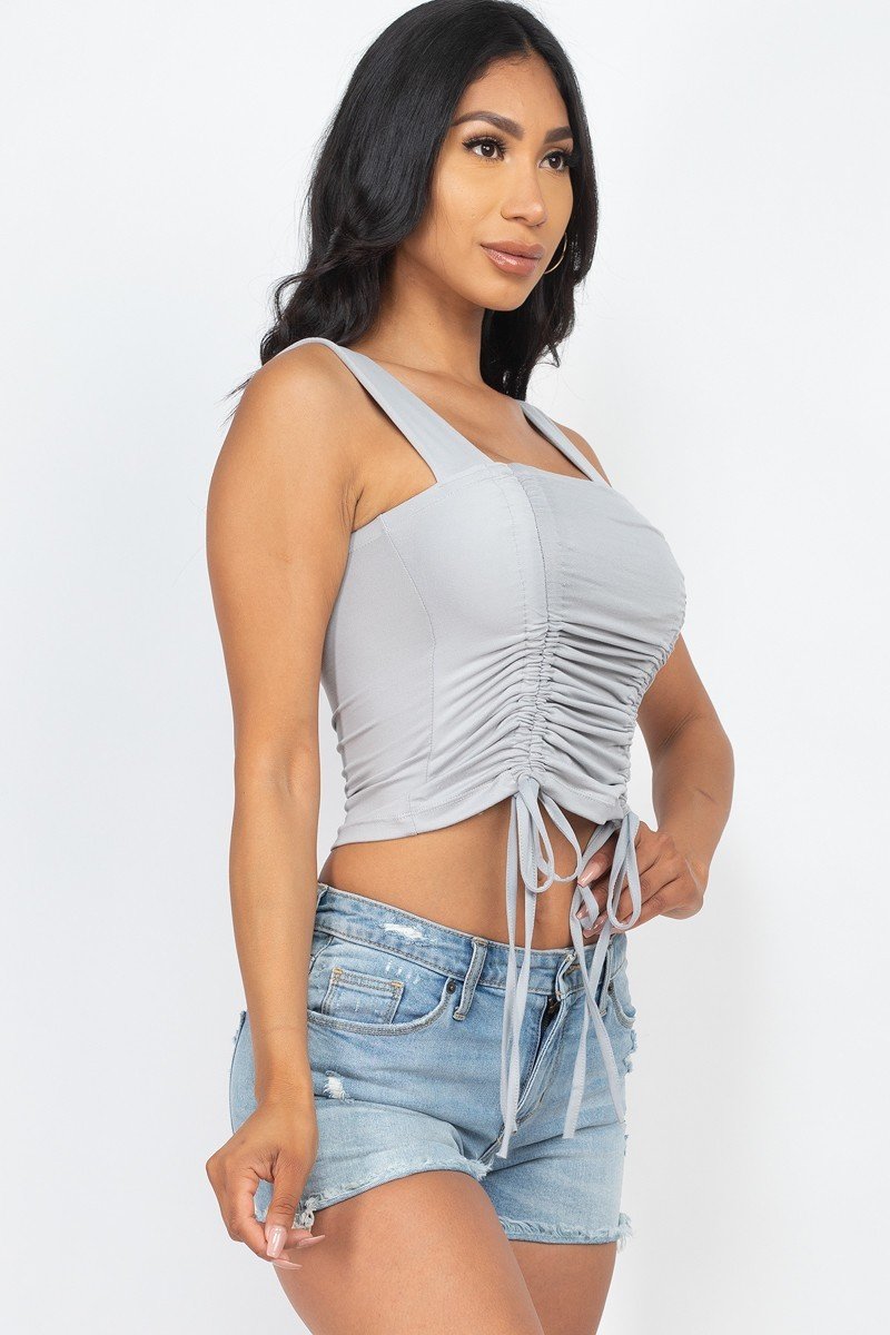 Adjustable Front Ruched With String Square Neck Crop Tops - BossBabe401