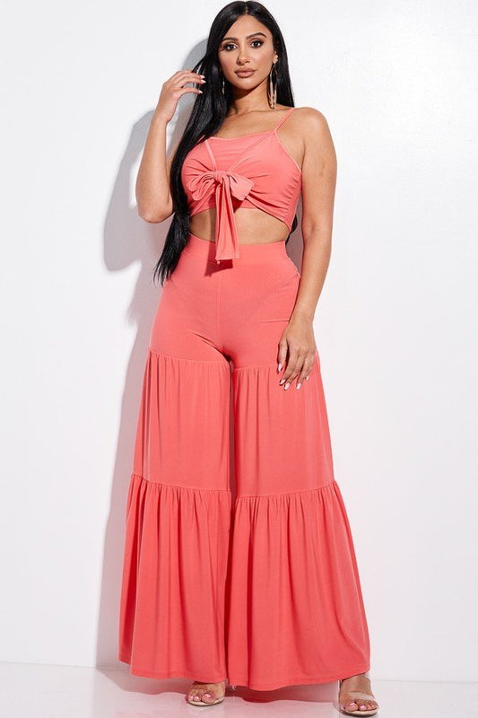 Solid Tie Front Spaghetti Strap Tank Top And Tiered Wide Leg Pants Set - BossBabe401