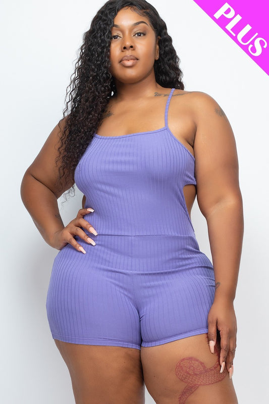 Ribbed Sleeveless Back Cutout Bodycon Plus Size Active Romper - BossBabe401