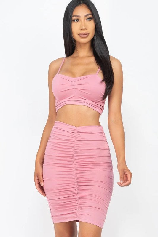 Ruched Crop Top And Skirt Sets - BossBabe401