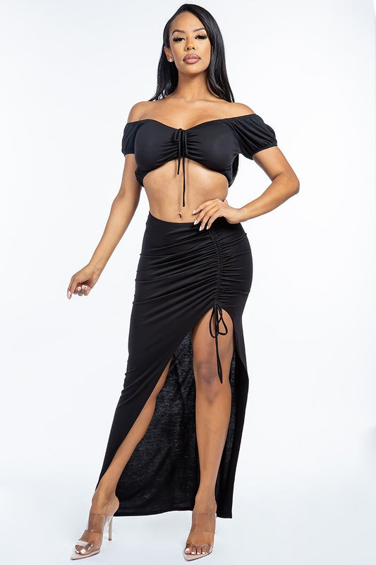 Solid Ruched Cropped Top And Side Ruched Asymmetrical Skirt Set - BossBabe401