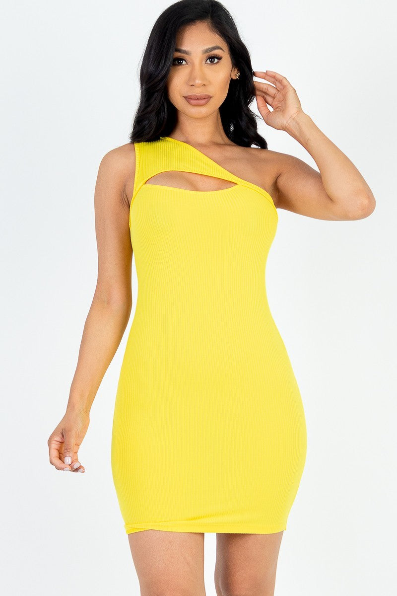 Ribbed One Shoulder Cutout Front Mini Bodycon Dress - BossBabe401