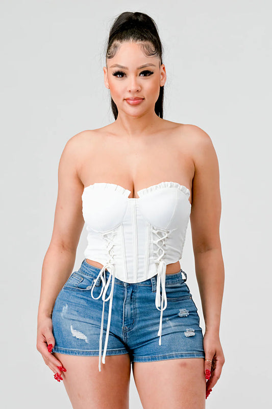 Luxe Sweetheart Ruffled Drawstring Lace Bustier Top - BossBabe401