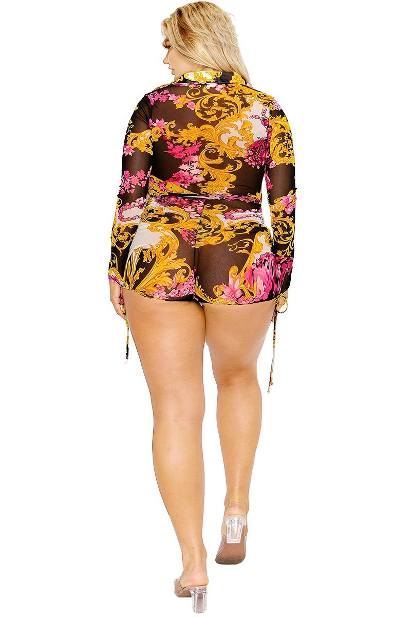 Plus Gold and Floral Pattern Print Belted Romper - BossBabe401